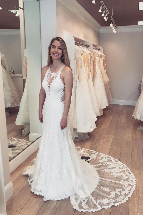 Vestidos de novia largos de encaje sin espalda y sirena con cola